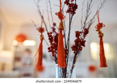 Decorated willow branches with golden rabbit during Chinese New Year celebration.