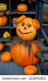 Decorating Autumn Pumpkins At Home. Traditional Thanksgiving And Halloween Decor. Goods Of The Autumn