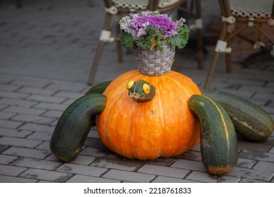 Decorating Autumn Pumpkins At Home. Traditional Thanksgiving And Halloween Decor. Goods Of The Autumn