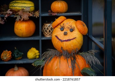 Decorating Autumn Pumpkins At Home. Traditional Thanksgiving And Halloween Decor. Goods Of The Autumn