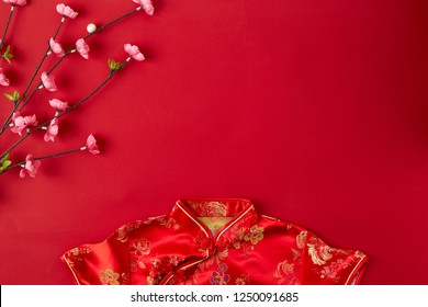 Decorating Design Chinese new year 2019 red background. with blessing text mean happy ,healthy and wealth. mean best wishes and good luck for the coming Chinese new year. flat lay (Foreign text means 