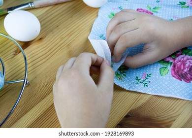 Decorating Easter Eggs With Decoupage Technique. Hands Peel Off The Napkin Layer. Step By Step, Tutorial. Step 1