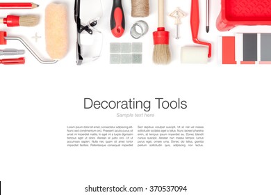 Decorating And House Renovation Tools And Accessories On White Background. Flat Lay Composition In Red Colors With Copy Space