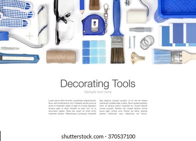 Decorating And House Renovation Tools On White Background. Flat Lay Composition In Classic Blue With Copy Space. Color Of The Year 2020