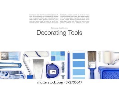 Decorating And House Renovation Tools On White Background. Flat Lay Composition In Classic Blue With Copy Space. Color Of The Year 2020