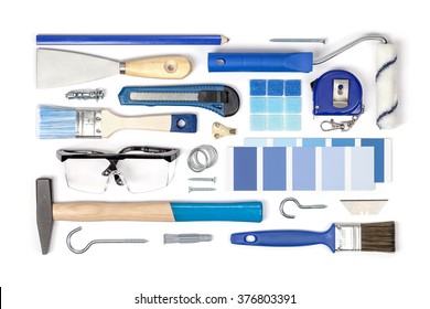 Decorating And House Renovation Tools On White Background. Flat Lay Composition In Classic Blue. Color Of The Year 2020