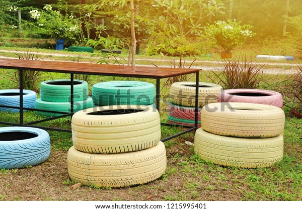 Decorating Old Tire Chairs Royalty Free Stock Image