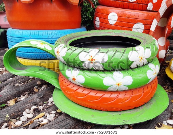 Decorating Old Tire Wheels Cup Tea Royalty Free Stock Image