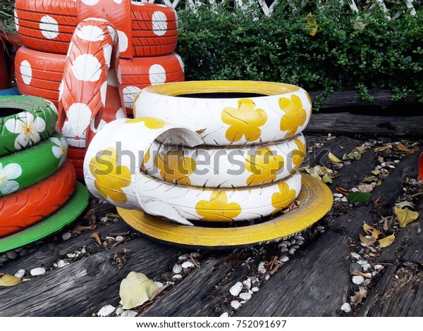 Decorating Old Tire Wheels Cup Tea The Arts Parks Outdoor Stock