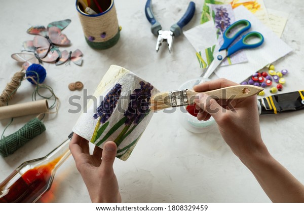 Decorating tin cans with decoupage napkins\
with using various decor elements. Do it yourself. Step by step.\
Step 9. Final. Coating with a colorless varnish. There is no waste.\
Other uses of\
packaging.