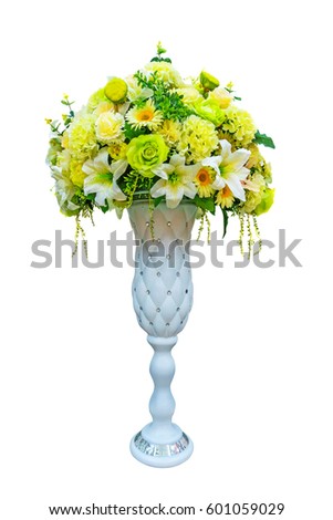 Decoration artificial plastic flower with big vase isolated on white background