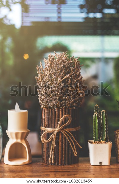 Decoration Coffee Table Candlecactusbottle Dry Flower Stock Photo