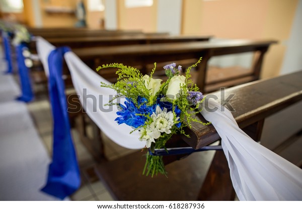 Decoration Flowers On Bench Church Wedding Stock Photo Edit Now