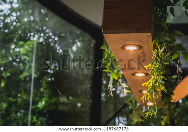 Decoration Idea Wooden Hanging Ceiling Lamp Stock Photo