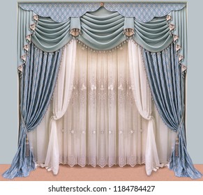 Decoration of the interior of the living room in the classical, palace style. Curtains of dense fabric with blue ornaments, lambrequin, pelmet, jabot, and tulle with embroidery