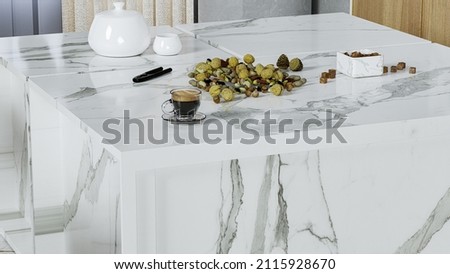 Decoration of the living room floor, table and furniture with white marble countertop natural stone. Cararra marble counter grains are in brown and dark gray color. 