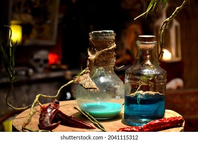 Decoration With Mystical Objects, In The Foreground Bottles Of Poison And A Voodoo Altar In The Background. 