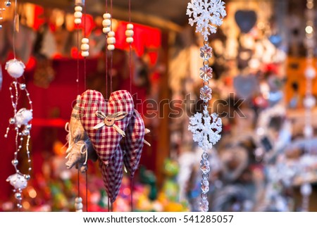 decoration on christmas market, close up of cozy handmade heart