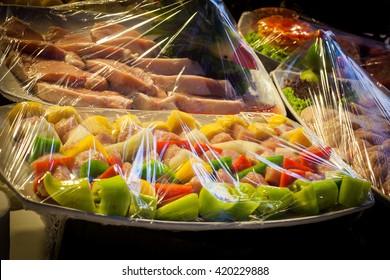 Decoration And Raw Foods That Are Wrapped With Plastic Wrap Prepared For The Wedding Dinner Party.