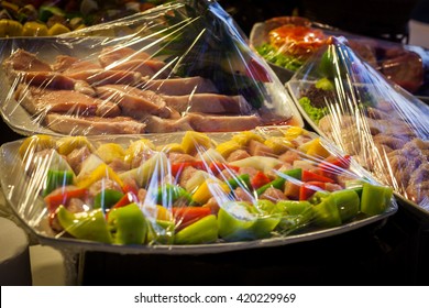 Decoration And Raw Foods That Are Wrapped With Plastic Wrap Prepared For The Wedding Dinner Party.