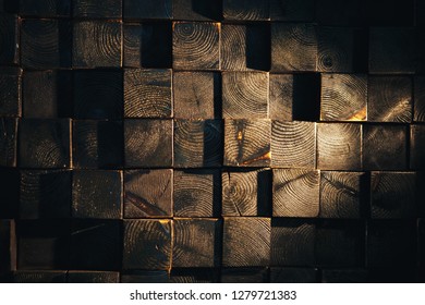 Decoration wooden blocks wall close up. Close up block of the wood wall backgrounds, abstract textures.