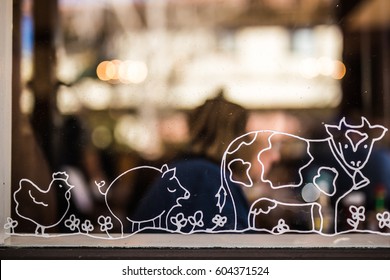 Decorations From Stickers On Glass Window For Bacon,pork,chicken,beef At Country Style Local Family Restaurant