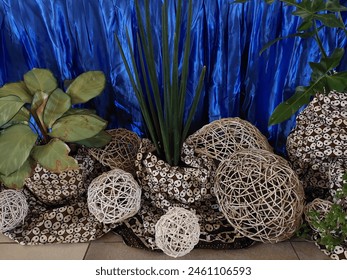 Decorations under the table with a background of blue tablecloth