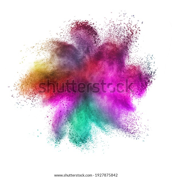 Decorative abstract chaotic\
powder or dust colorful explosion on a white background with copy\
space.