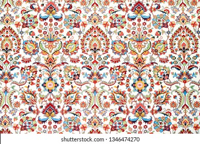 Decorative abstract colorful background, geometric floral pattern with ornate lace frame. ethnic ornament.  fabric print, silk neck scarf or kerchief design.Rich ornament fabric design.Textile - Shutterstock ID 1346474270