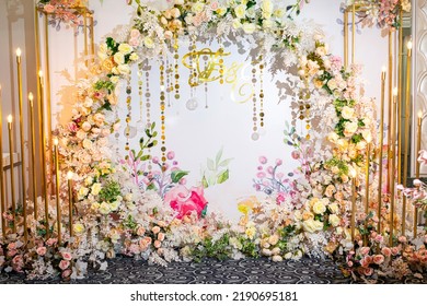 decorative arch made of artificial flowers for marriage registration, wedding decorations. decor elements from the organizer of the holiday for the wedding ceremony