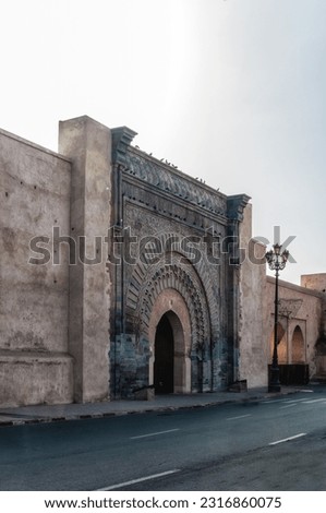 The decorative archway of Bab Agnaou. The gateway was built in the 12th century and is one of the nineteen gates of the old city of Marrakesh, a popular tourist destination in Morocco.