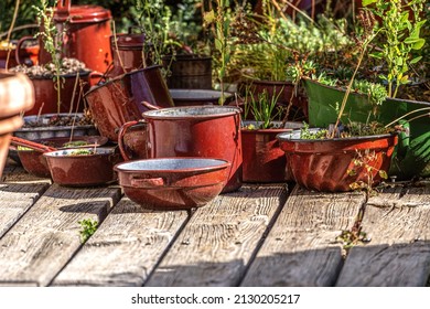 Decorative Arrangement Of Old Cookware In A Garden Outdoors