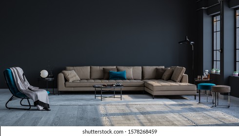 Decorative Backdrop Of A Room At Home, Office And Hotel. Modern Sofa Interior Design And Bright Modern Interior Details Against A Dark Classic Wall. Bright Light From The Window.