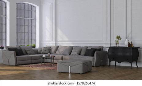 Decorative Backdrop Of A Room At Home, Office And Hotel. Modern Interior Design Sofa And Bright Modern Interior Details On The Background Of A White Classic Wall.