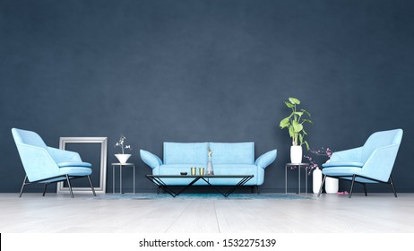 Decorative Background For Home, Office And Hotel. Modern Interior Design Of Living Room Texture Room Dark Blue Wall Background And Focus On Interior Details.