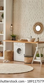 Decorative Bath Room And Washing Machine In The Room Style.