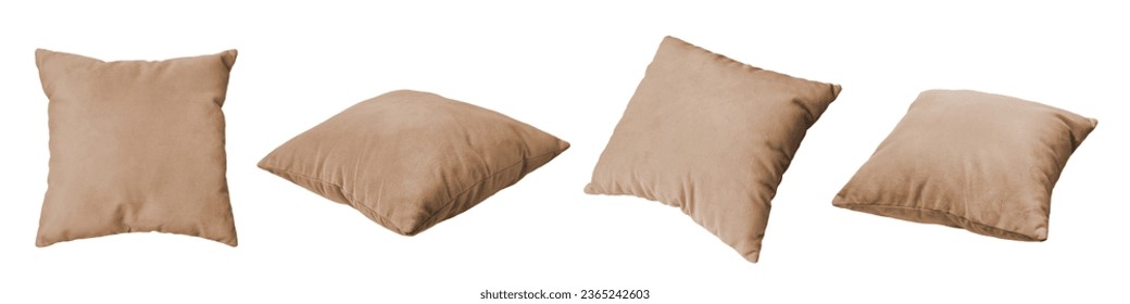 Decorative beige rectangular pillow for sleeping and resting isolated on white background. Set of different angles of cushion for home interior decor, pillowcase mockup, template for design.