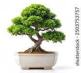 Decorative bonsai tree in a simple white pot on a bright white background