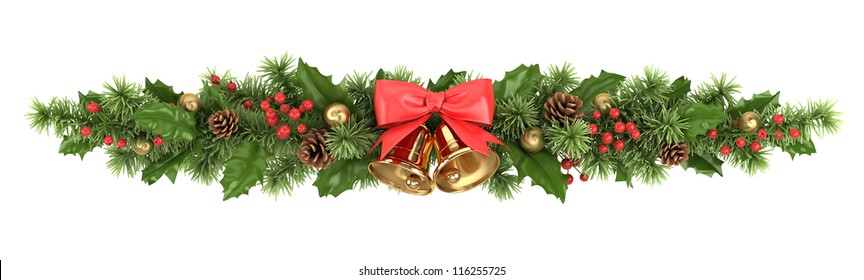 Decorative border from a Christmas tree branches, a holly and bells with a ribbon.