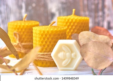 Decorative candles made of beeswax with a honey aroma for interior and tradition.