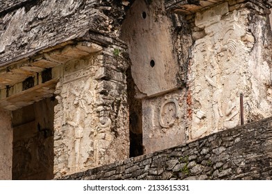 Decorative carvings on a palace wall in the ancient Maya city of Palenque, Chiapas, Mexico. Palenque is famous for its decorative stucco sculpture and low-relief carvings-some of the best in Maya Art.