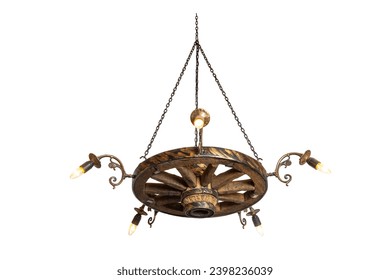 Decorative chandelier from a trolley wheel with chains and with concealed wiring. Rustic chandelier made from wood wagon wheel isolated on white. - Powered by Shutterstock