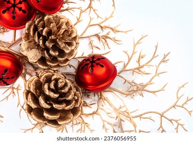 
Decorative Christmas background with golden pinecones and rustic red jingle bells
 - Powered by Shutterstock