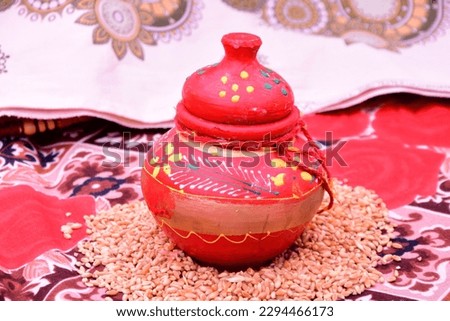 Decorative clay pot for hindu marriage ritual function. Beautiful ritual of marriage