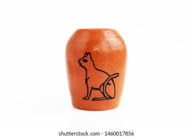 Decorative Clay Vase With The Ancient Egyptian Hieroglyph Cat. Made By Hand On A Potter's Wheel. In A Single Copy. Suitable For Decorating The Table And Storing Stationery. Handmade, OOAK