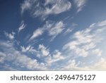 Decorative clouds. Dramatic sky. Natural natural cloud landscape. Soft sunlight. White fluffy clouds on blue sky, texture, background, design, copy space. Meteorology, heaven, hope, peace concept