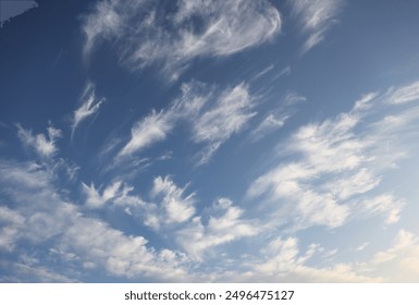 Decorative clouds. Dramatic sky. Natural natural cloud landscape. Soft sunlight. White fluffy clouds on blue sky, texture, background, design, copy space. Meteorology, heaven, hope, peace concept
