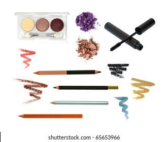 Decorative Cosmetic Products For Eye Makeup Isolated On White. Pencil, Eyeshadow, Palette, Strokes, Crushed Eyeshadow.