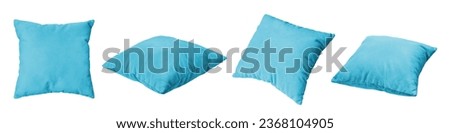 Decorative cyan rectangular pillow for sleeping and resting isolated on white background. Set of different angles of cushion for home interior decor, pillowcase mockup, template for design.