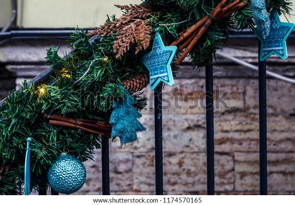 Decorative Decoration Fir Branches Turquoise Stars Stock Photo